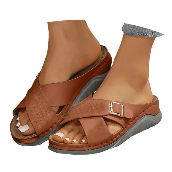 Orthopedic Slip on Sandals for Women 2025 Fashion Casual Leather Cross Band Wedge Low Heel Walking Shoes