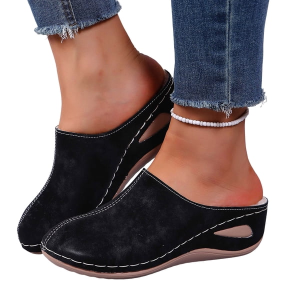 Orthopedic Slippers for Women Casual Stitching Furry Lined Wedge Heel Comfy Arch Support Warm Furry Lined Slip on House Shoes Black Size 8