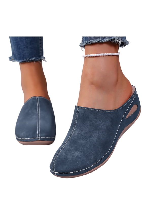 Orthopedic Slippers for Women Casual Stitching Furry Lined Wedge Heel Comfy Arch Support Warm Furry Lined Slip on House Shoes Blue Size 5