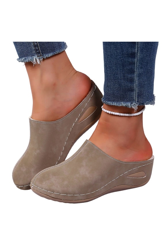 Orthopedic Slippers for Women Casual Stitching Furry Lined Wedge Heel Comfy Arch Support Warm Furry Lined Slip on House Shoes Khaki Size 8