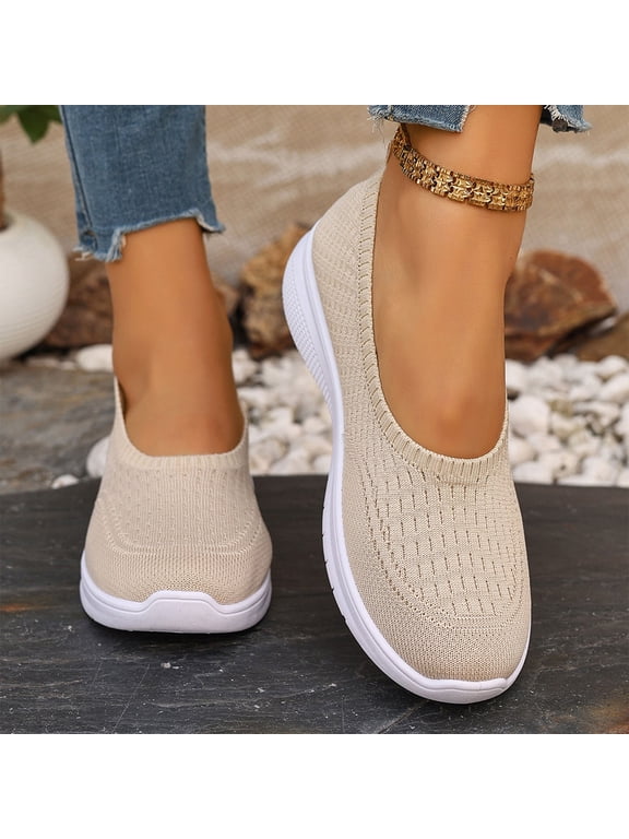 Orthopedic Sneakers for Women,Ortho Shoes for Women,Women’s Knitted Flat Walking Shoes Comfortable Slip On Mesh Lightweight Low Heel Sneakers Casual Soft Gym Nurse Work Mom Loafers,Beige,6