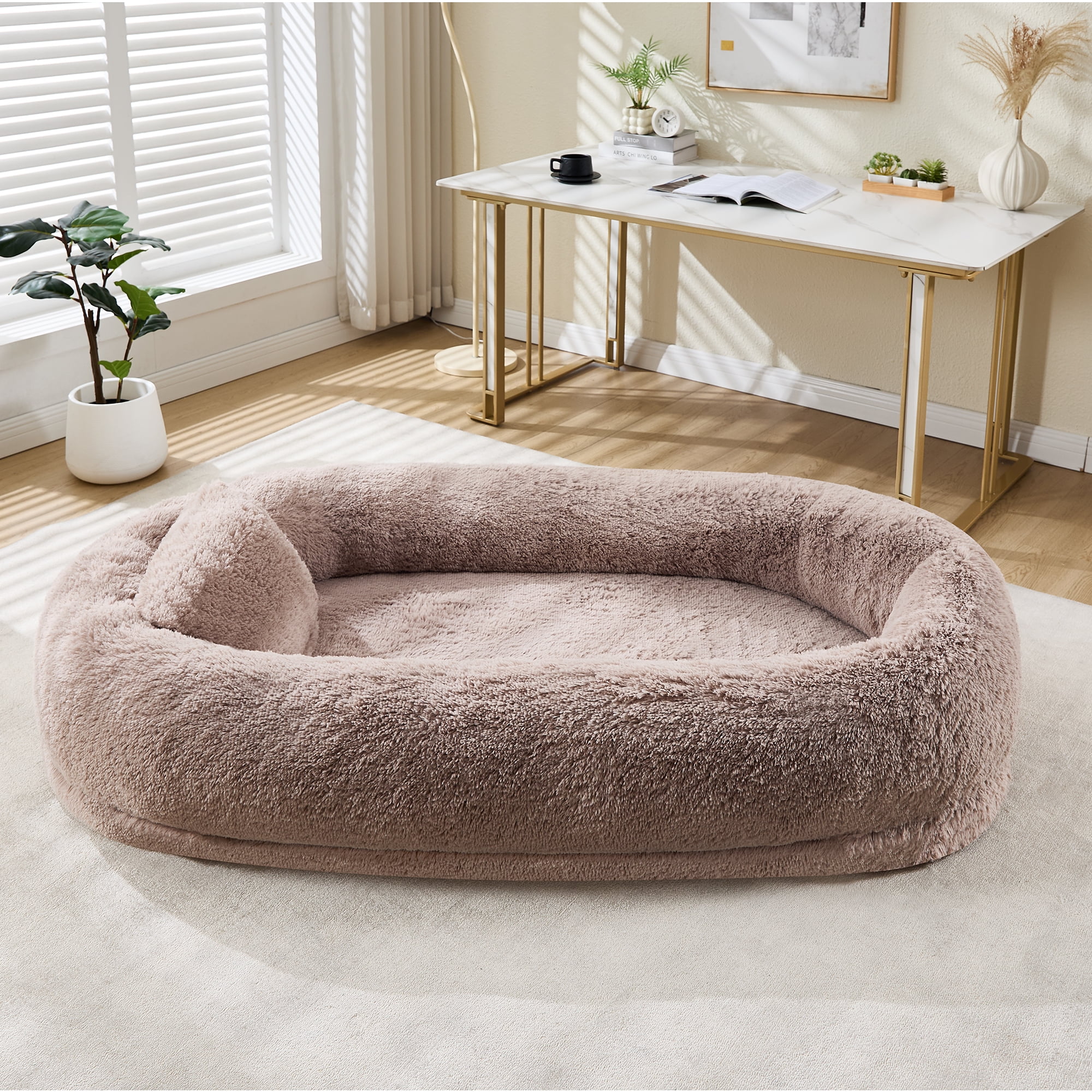 Orthopedic Soft Faux Fur Human Dog Bed for Adults and Pets, Large 67"x43"x8" Lounger Bed with Plump Pillow, Side Pocket and Fix Strap, Washable Design No Assembly Required, Cozy Bed for Bedroom