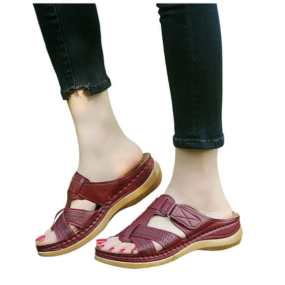 Orthopedic Walking Sandals for Women Comfortable Leather Open Toe Arch Support Wedge Low Heel Slip on Sandals