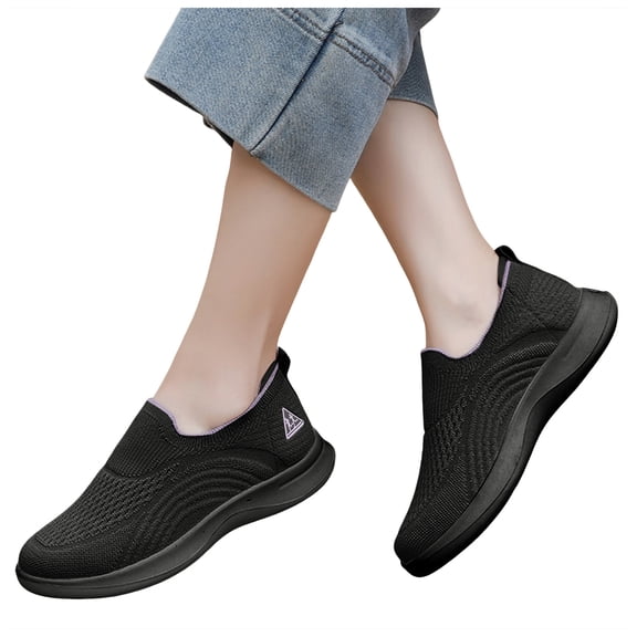 Orthopedic Walking Shoes for Women Arch Support Casual Slip on Knit Loafers Comfortable Sotf Sole Stretch Gym Workout Athletic Shoes Black Size 7