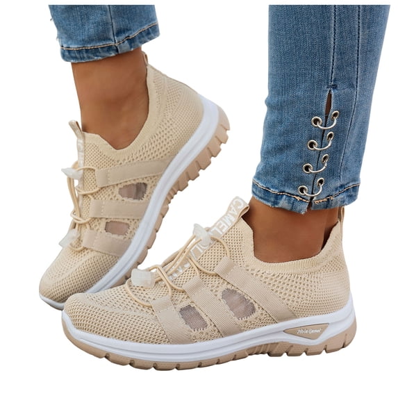 Orthopedic Walking Shoes for Women Breathable Mesh Slip on Wide Shoes Arch Support Lightweight Antislip Casual Sneakers Khaki Size 9