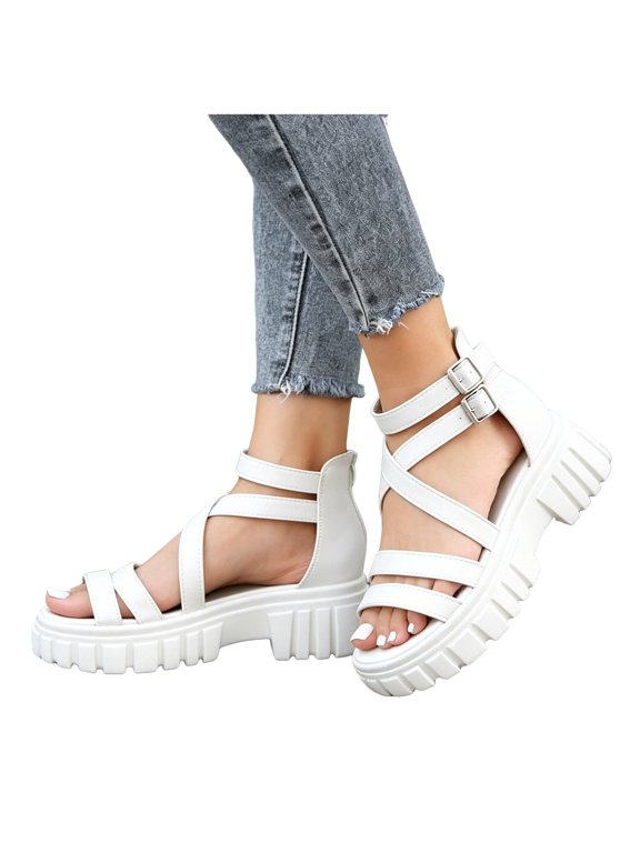 Orthopedic Wedge Sandals Arch Support Chunky Platform Heels Cutout Design Fashionable Summer Back Zipper Chunky Flat Slides Shoes White Size 6.5