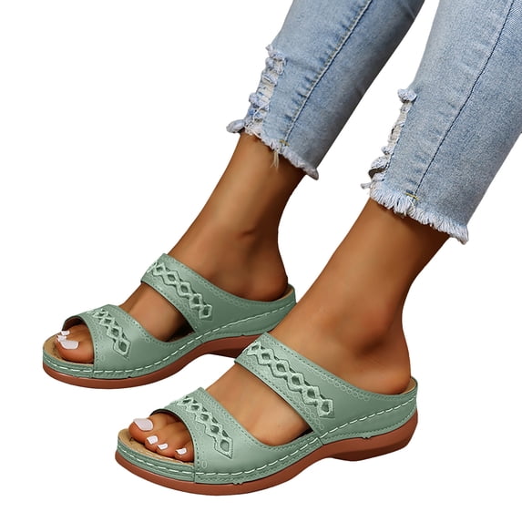 Orthopedic Wedge Sandals for Women Open Toe Slides Fashion Bohemia Embroidery Slip on Beach Shoes Comfortable Slip on Summer Slippers Light Green Size 9.5