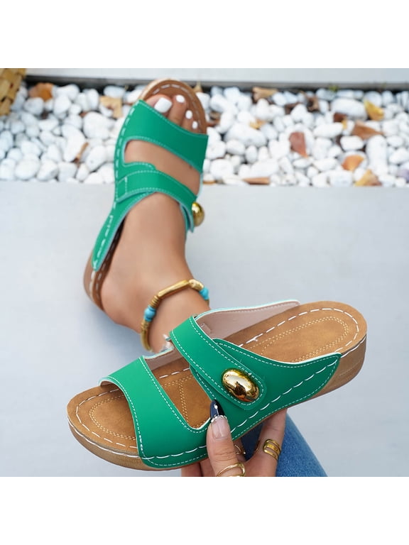 Orthopedic Wedge Sandals for Women,Summer Open Toe Wedge Platform Slides Slippers Wide Width Comfortable Non-Slip Outdoor Beach Vacation Slip on Casual Walking Slippers with Arch Support Green 8.5