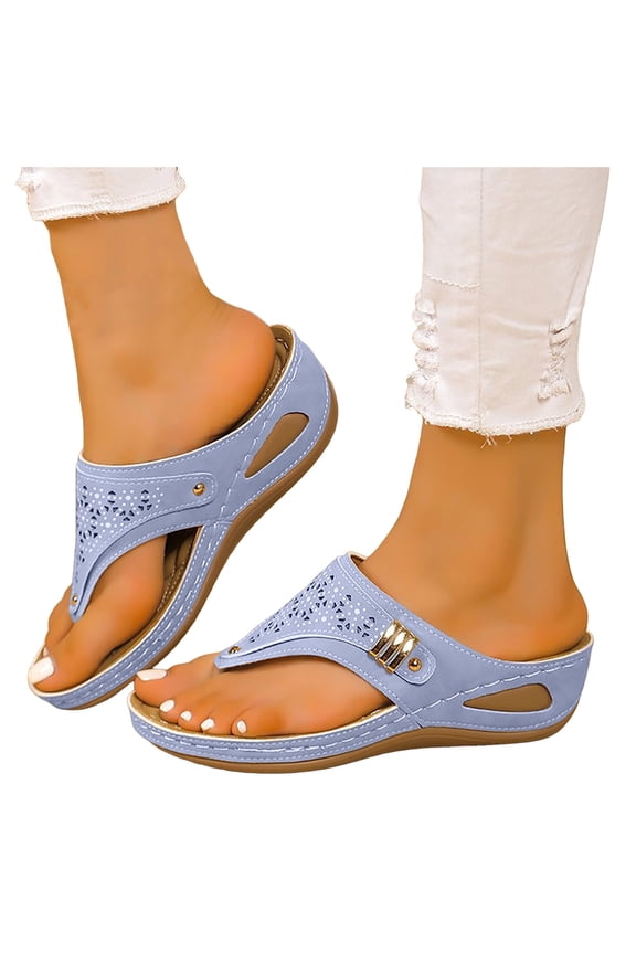 Orthopedic Wedge Sandals for Women 2026 Dressy Summer Casual Slip On Flip Flops Ladies Hollow Out Beach Slides Slippers Blue Size 7