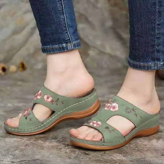 Orthopedic Wedge Sandals for Women Dressy Slip on Embroider Wedges Sandals with Arch Support, Casual Comfortable Summer Beach Walking Shoes