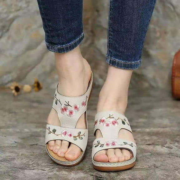Orthopedic Wedge Sandals for Women Dressy Slip on Embroider Wedges Sandals with Arch Support, Summer Casual Comfortable Walking Shoes