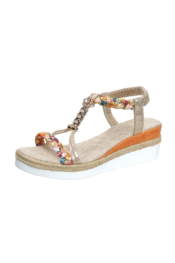 Orthopedic Wedge Sandals for Women Summer Fashionable Wedge Heel Thick Sole Heightening Platform Sandals Ankle Elastic Bohemian Woven Sandals