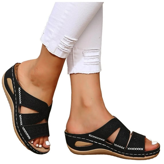 Orthopedic Wide Sandals for Women 2025 Wedge Arch Support Flat Boho Flower Walking Open Toe Slip-On Shoe