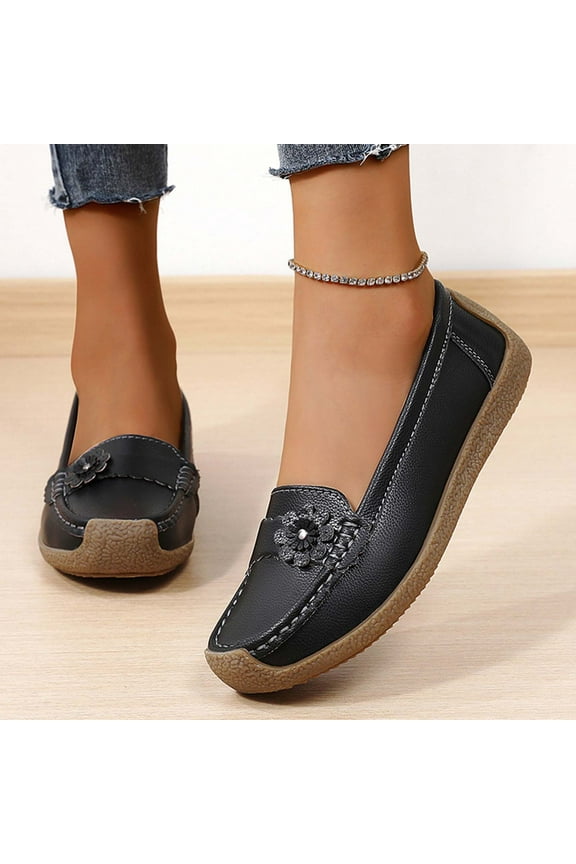 Orthopedic Women's Leather Loafers –Lightweight Slip-On FlatsBoat with Arch Support, Soft Sole for Business, Driving, Walking, Work, and Casual Wear Black Women Sandal