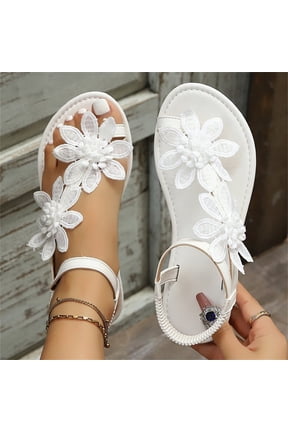 Orthopedic lace flower thong sandals for women, non-slip soft sole ankle strap shoes, comfortable summer casual sandals White 38