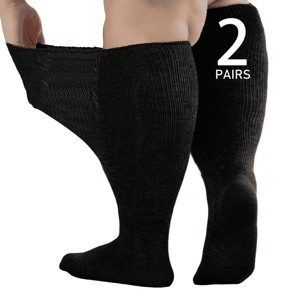 Wide Diabetic Socks for Men Women Plus Size, Extra Long Edema Sock with Thickened Sole, Non-Binding Loose Fit Socks for Swollen Feet, Lymphedema,Neuropathy- 2 Pairs Black
