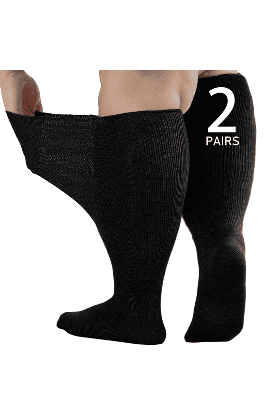 Wide Diabetic Socks for Men Women Plus Size, Extra Long Edema Sock with Thickened Sole, Non-Binding Loose Fit Socks for Swollen Feet, Lymphedema,Neuropathy- 2 Pairs Black