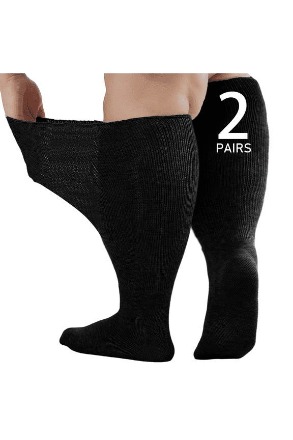 Wide Diabetic Knee High Socks for Men Women Plus Size, Extra Long Edema Socks with Thickened Sole, Non-Binding Loose Fit Socks for Swollen Feet, Lymphedema - 2 Pairs Black