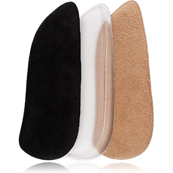 Orthotics Heel Wedge Silicone Insoles - Corrective Adhesive Gel Inserts for Supination & Pronation, Bow Legs, Foot Alignment, Knock Knee Pain - 3-Pack (Transparent, Brown, Black)