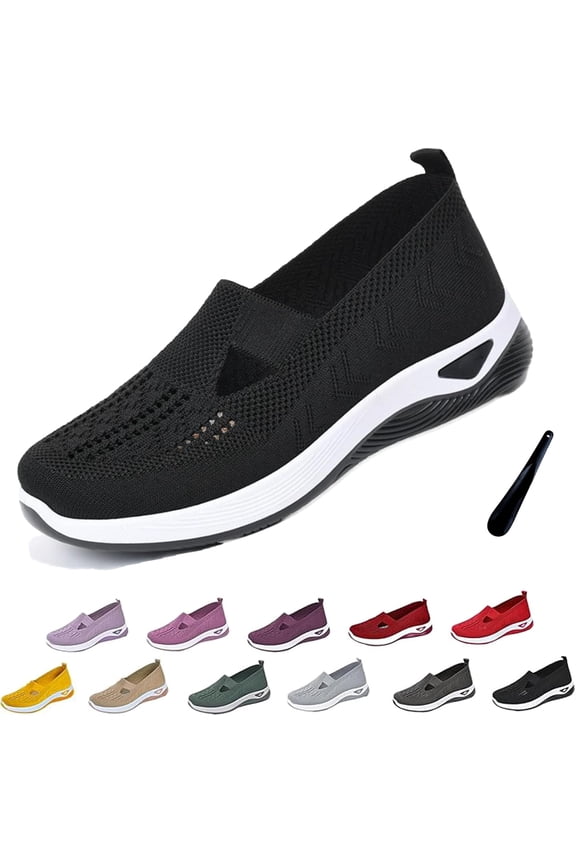 Orthowalkway Womens Shoes, Women's Woven Orthopedic Breathable Soft Shoes Arch Support Slip-On Sneakers, Indoor Outdoor Casual Walking Anti-Skid Sports Shoes