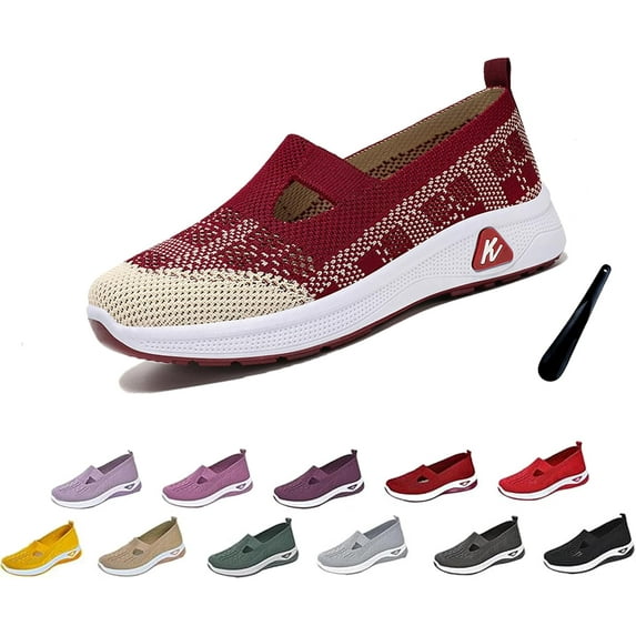 Orthowalkway Womens Shoes, Women's Woven Orthopedic Breathable Soft Shoes Arch Support Slip-On Sneakers, Indoor Outdoor Casual Walking Anti-Skid Sports Shoes