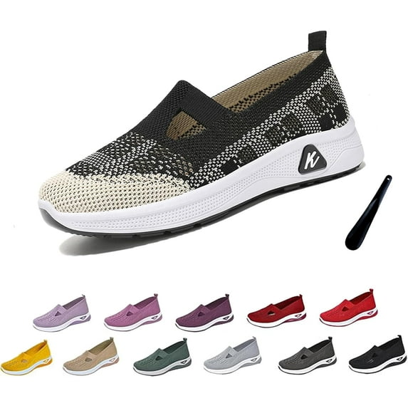 Orthowalkway Womens Shoes, Women's Woven Orthopedic Breathable Soft Shoes Arch Support Slip-On Sneakers, Indoor Outdoor Casual Walking Anti-Skid Sports Shoes
