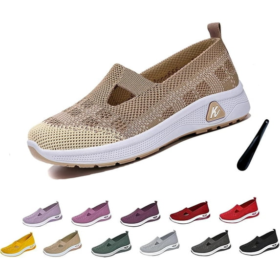 Orthowalkway Womens Shoes, Women's Woven Orthopedic Breathable Soft Shoes Arch Support Slip-On Sneakers, Indoor Outdoor Casual Walking Anti-Skid Sports Shoes