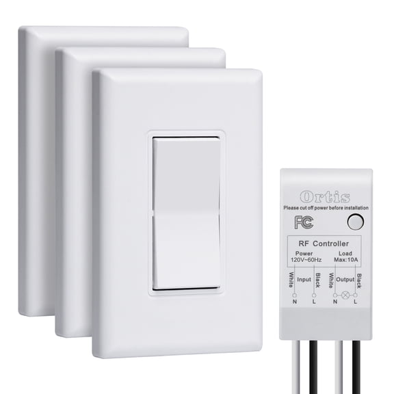 Ortis 300ft RF Range Wireless Wall Switches for Lights, Fans, Battery Included, No Wiring Needed (3 Switches & 1 Receiver Kit)