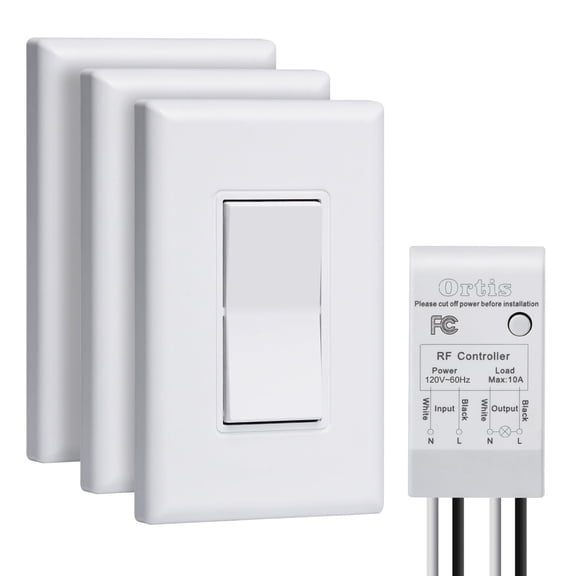 Ortis 300ft RF Range Wireless Wall Switches for Lights, Fans, Battery Included, No Wiring Needed (3 Switches & 1 Receiver Kit)