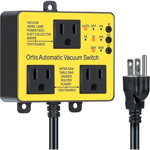 Ortis Dust Control Autoswitch Delay Vacuum on/off to Prevent Circuit Overload and Tripping, Adjustable Actuation Threshold, Yellow