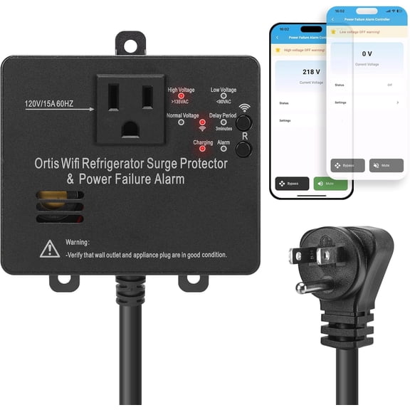 Ortis Wi‑Fi Power Failure Alarm with Surge Protector, App Remote Control for Refrigerator, 1 Pack, Black