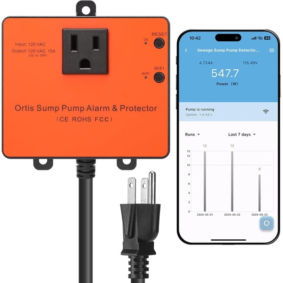 Ortis WiFi Sump Pump Monitor, Real-Time Status, Overload/Float Jam/Power Outage Alerts, for 1/6HP-2HP Pumps, 1 Pack