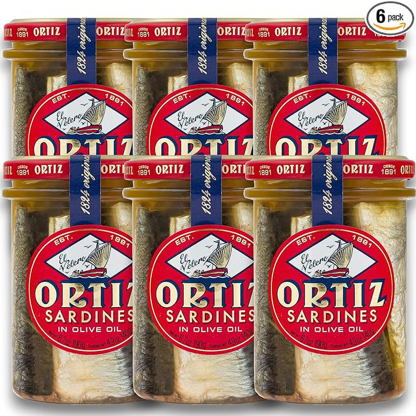Ortiz Sardines in Olive Oil, 6.7 oz. Jar 6 Pack Spanish Old Style