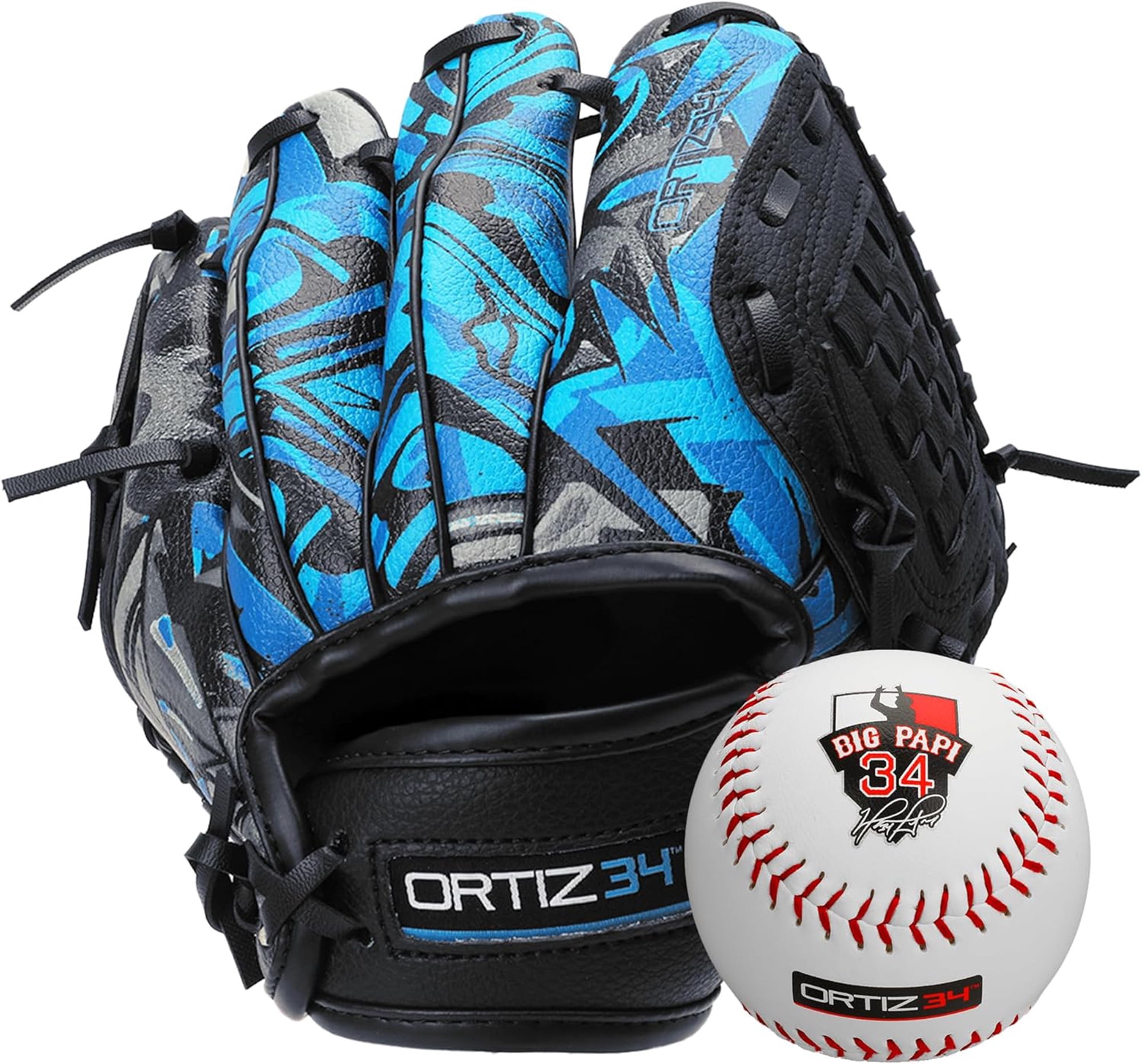 Ortiz34 9" Graffiti Youth T-Ball Baseball Glove, Right Hand Throw, Easy Close, No Break-In, Lightweight, Black/Blue