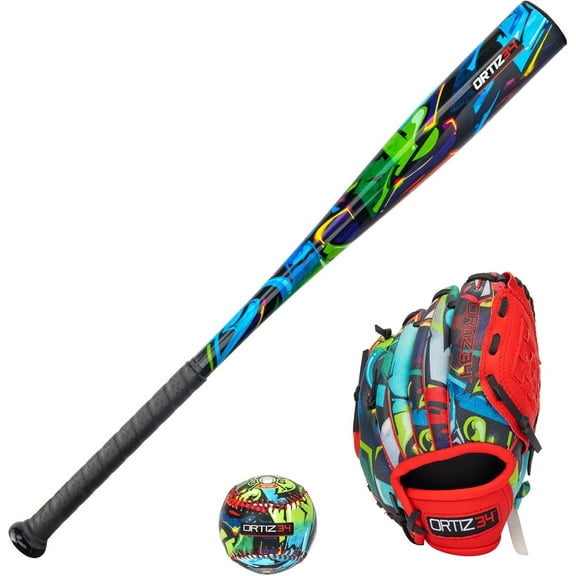 Ortiz34 Youth T-Ball Set, 25" Aluminum Bat (-10 Drop), Foam Core T-Ball, 9" Lightweight Glove, Graffiti Print