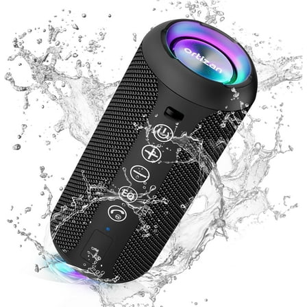 Ortizan Portable Bluetooth Speaker IPX7 Waterproof, 24W Loud Sound, Deep Bass, Bluetooth 5.4, LED Lights, Wireless Stereo Pairing, 30H Playtime, for Home/Outdoor/Party/Beach, Birthday Gift - Black