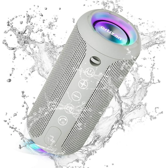Wireless Portable Speaker,IPX7 Waterproof Bluetooth Speaker, 24W Loud Stereo Sound, Bassboom Technology, TWS Pairing, Built-in Mic, 30H Playtime with Lights for Home Outdoor - Gray