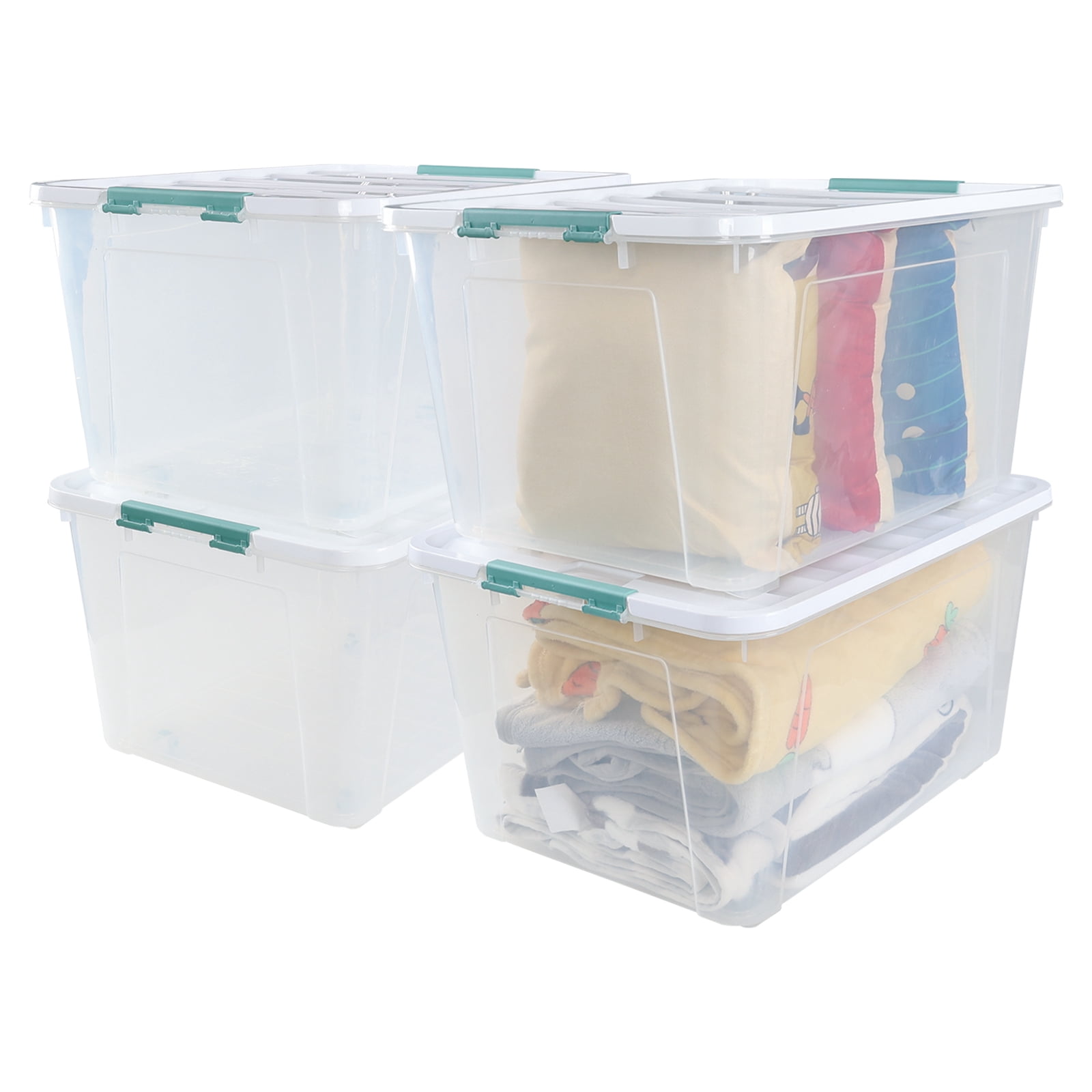 Ortodayes 4 Pack Large Latch Box with Wheels, 85 Quart Clear Plastic ...