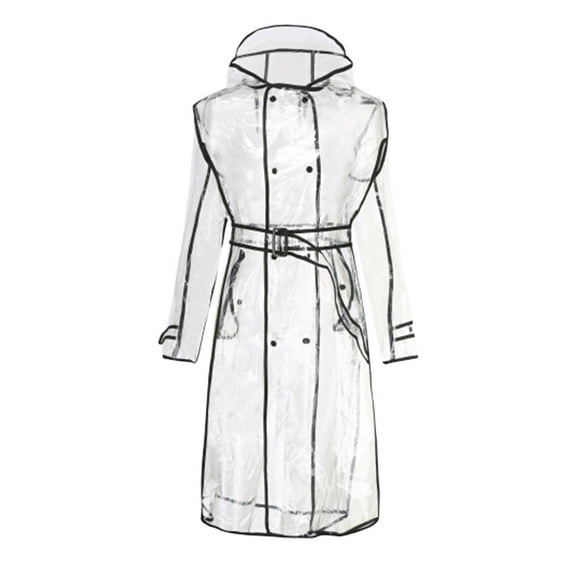 Fashion Transparent Raincoat Girls Hooded Rain Coat Mid long Lightweight Rainwear Black Slicker with Belt  Size XL