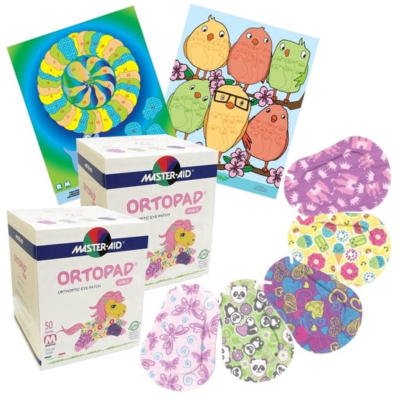 Ortopad Bamboo 100-pack for Girls, Medium Size, Adhesive Eye Patches, 2 boxes + 2 posters