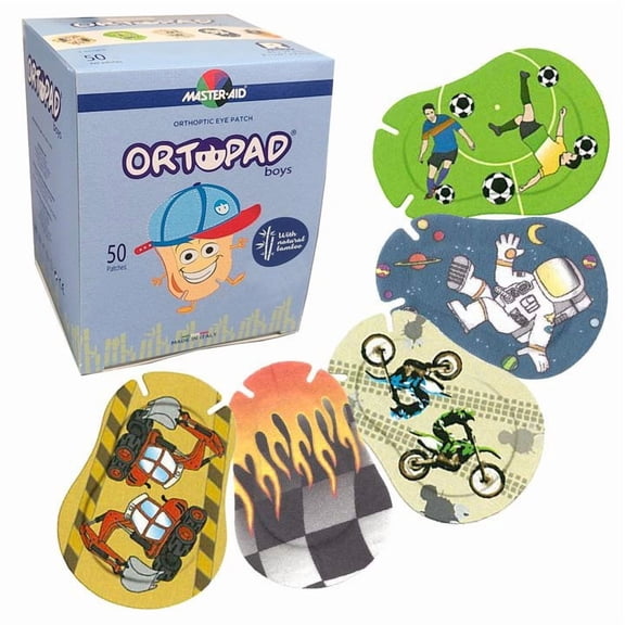 Ortopad Eye Patches for Boys, 50/Box, Medium Size, (Racing Flames/Astronaut Pack)
