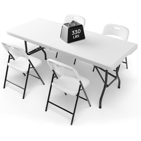 Ortus Collective 6FT Folding Table Set with 4 Chairs – Heavy-Duty 330 lb Table & 600 lb Chairs, Portable Foldable Furniture Set for Camping, Parties, Indoor & Outdoor Use