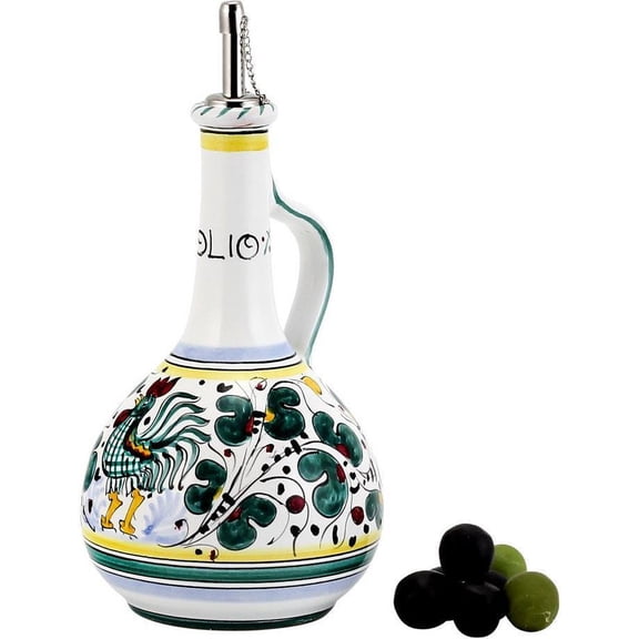 Orvieto Green Rooster Ceramic Oil Bottle Handmade Elegance