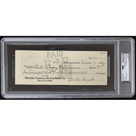 Orville Wright Signed Check Wright Bothers PSA/DNA 85481958 Inventor Airplane