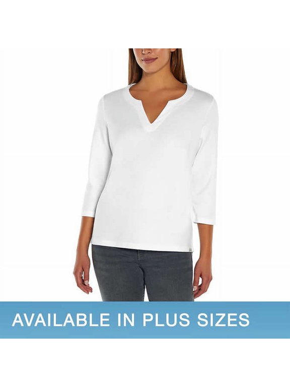 Ladies' 3/4 Sleeve Pima Cotton Tee/Top with Side Slits (XX-Large, White)
