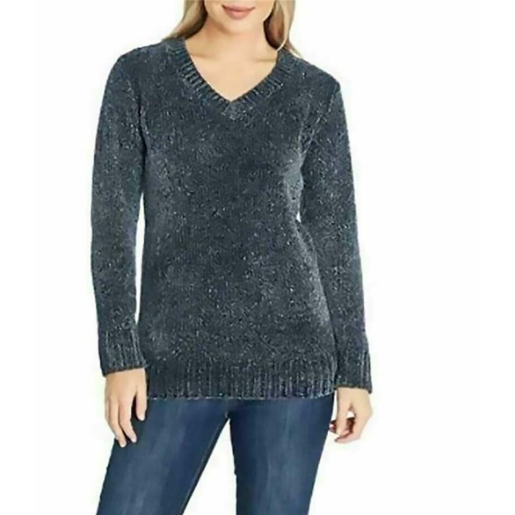 Orvis Ladies Chenille Tunic Pullover V Neck Sweater MARLED NAVY