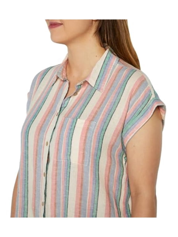 Tops for Women - Linen Blend Womens Short Sleeve Shirts - Button-Up with Collar - Dressy Casual (Multi Stripe, Large)