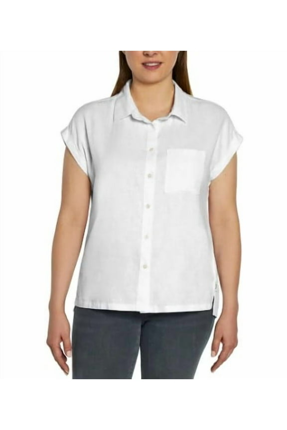 Women's Button Front Short Sleeve Linen Blend Shirt (White, L)
