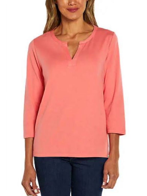 Ladies' Sleeve Split Neck Top, Tea Rose Pink Medium
