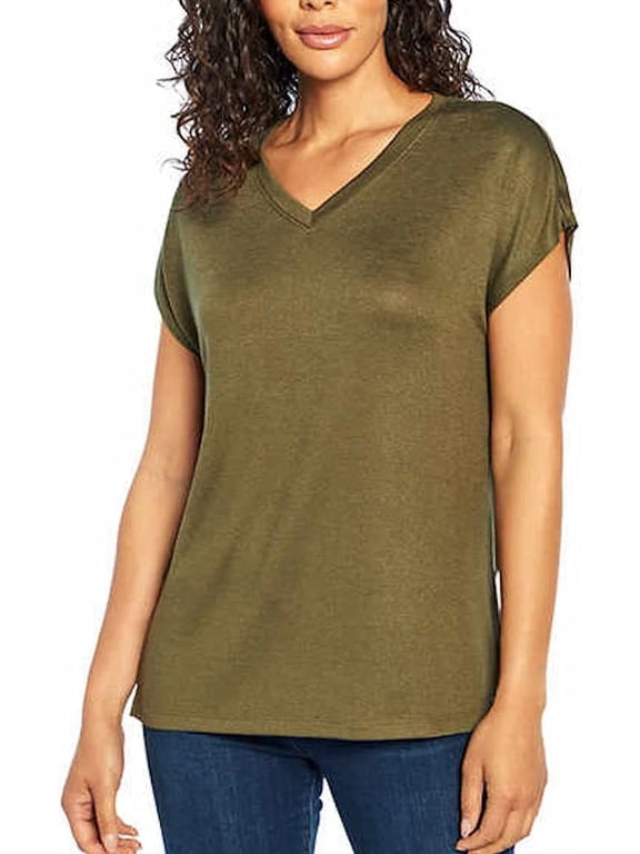 Ladies' V-Neck Tunic Knit Top, Olive Night, Small